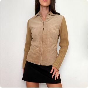 AMI Leather Suede Ribbed Sweater Knit Sleeve Moto Jacket Women's Size Medium Y2K